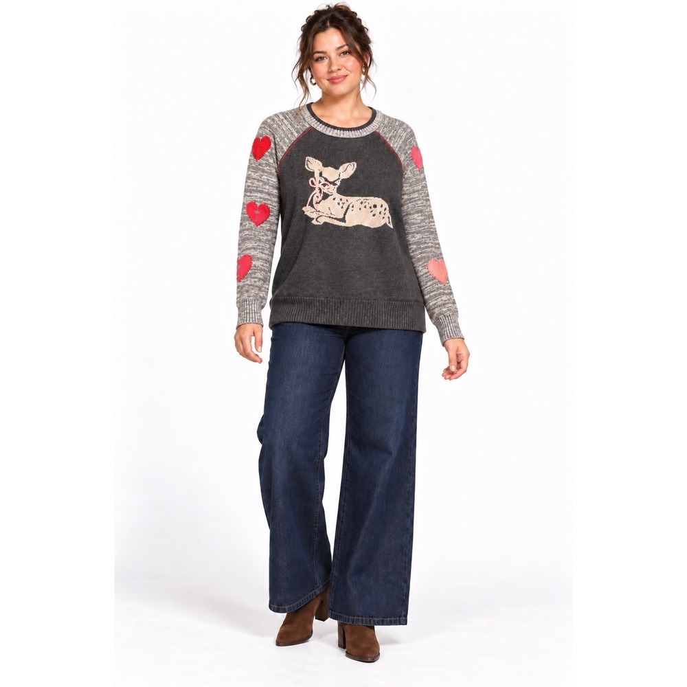 Anthropologie Pilcro Fawn Deer Heart Sweater 2X Gray Cottagecore Crewneck NWT